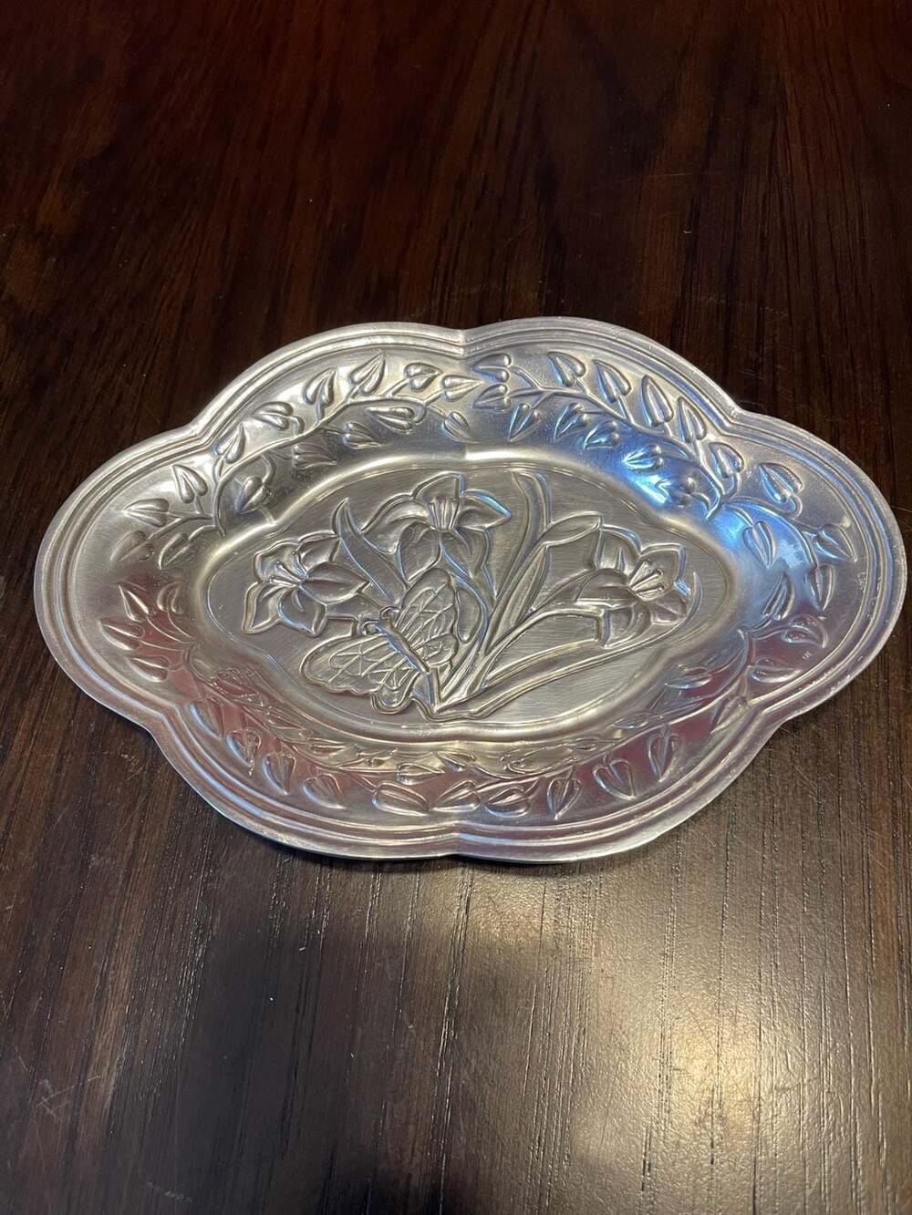 Vintage Lenox Butterfly Meadow Pewter Tray - Scalloped Floral Solid Pewter Decor